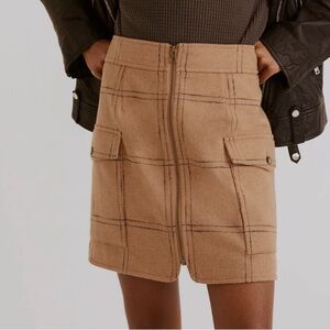 Madewell Zip-Front Wool Blend Mini Skirt Windowpane print Tan Size 8 Pockets